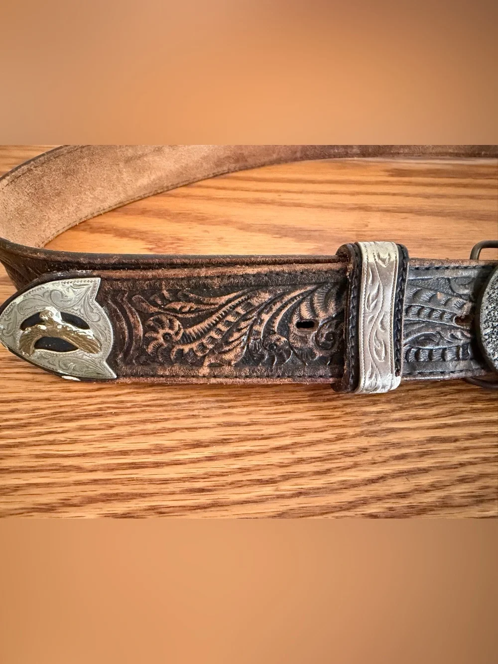 Vintage Frederick of Canada Pewter Totem Eagle Leather Belt Ranger